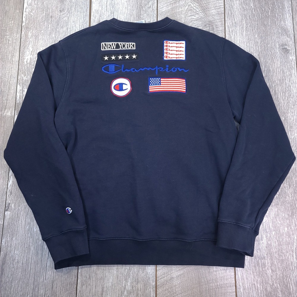 Champion Sweatshirt Mens XXL 2XL Navy Blue New York Flag Patches Pullover